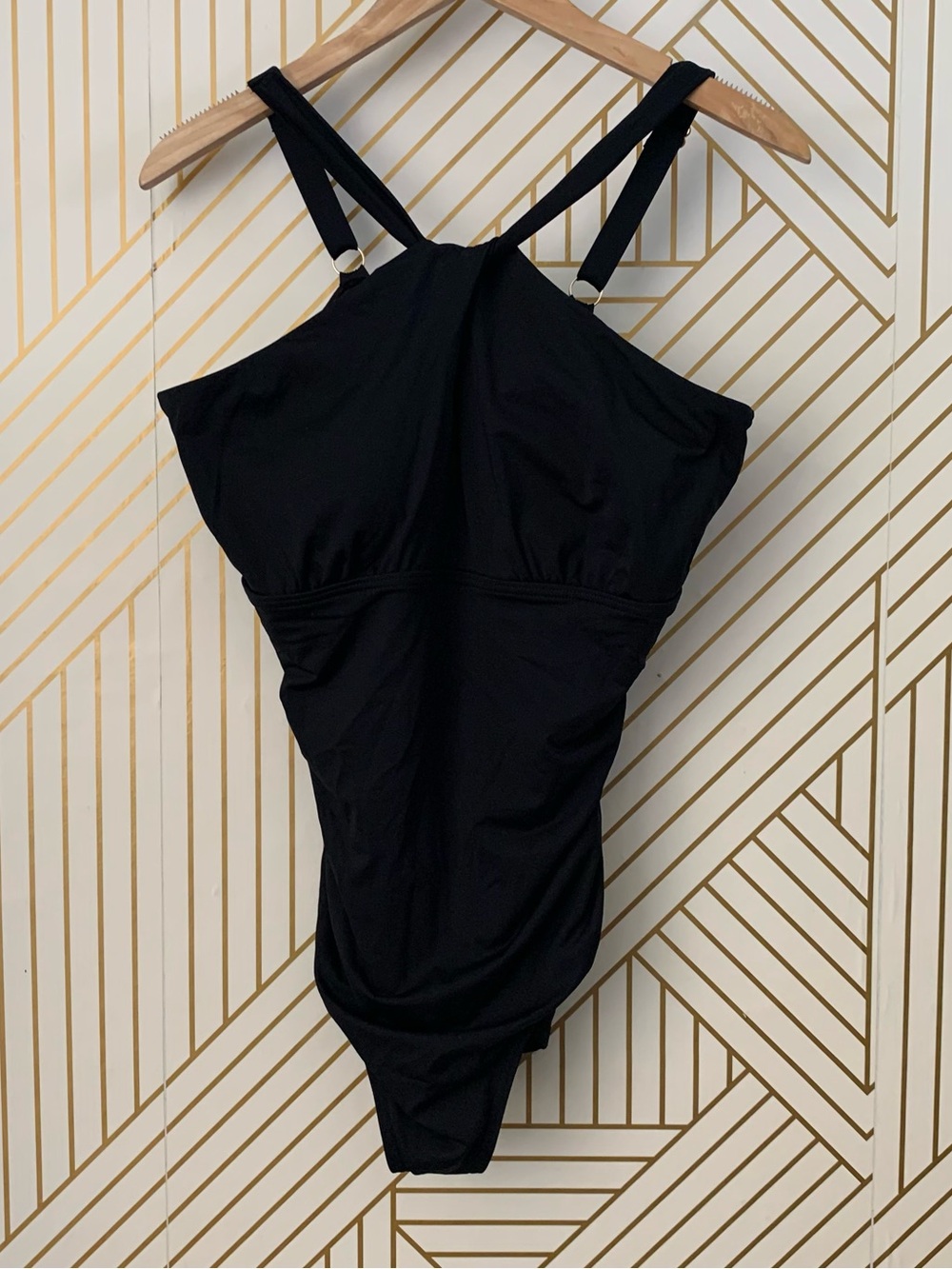 Lands' End halter one Piece swimsuit keyhole High Neck Black adjustable XL 18